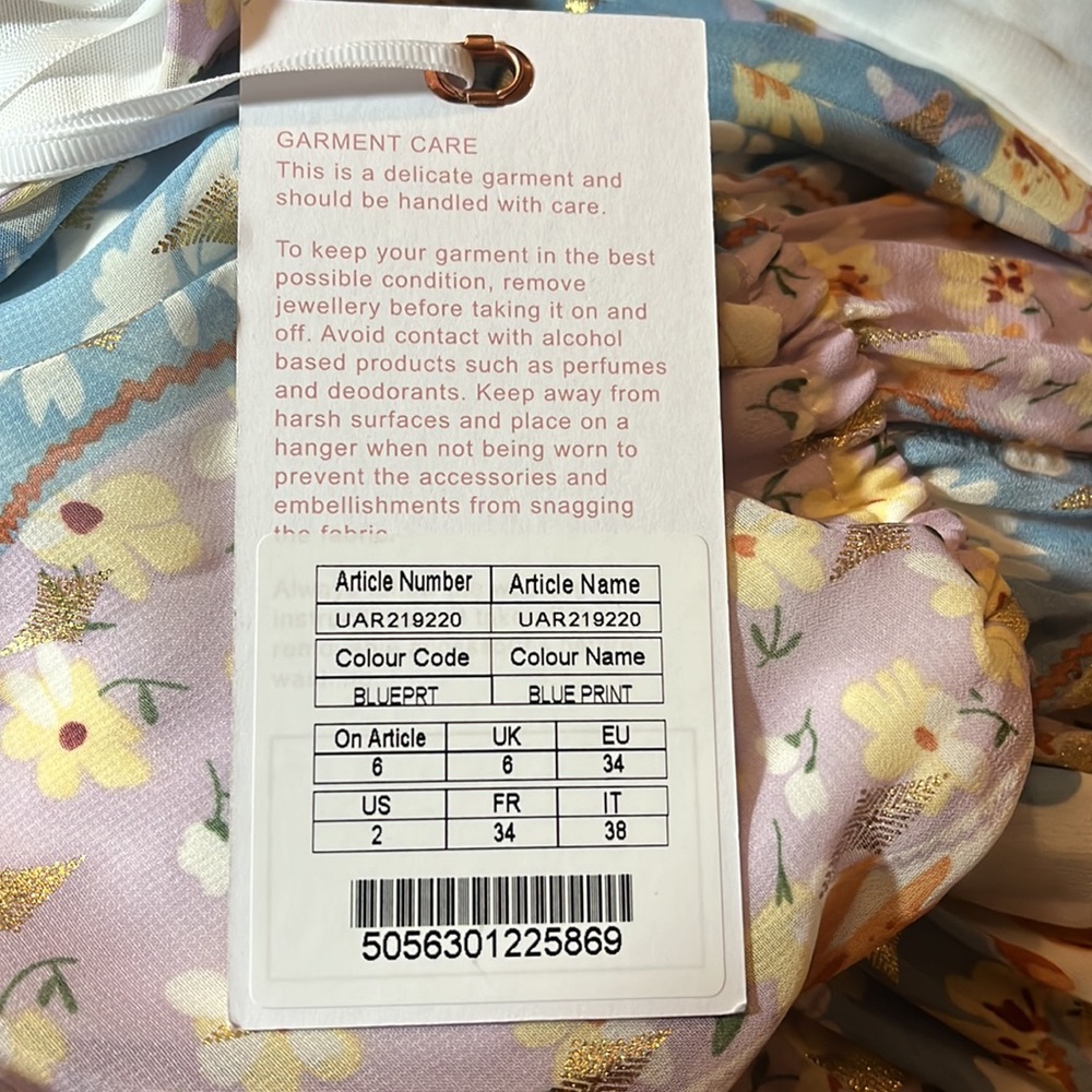 FOREVER UNIQUE Halter Gold Blue Purple Floral Handkerchief Hem Dress, Sz 2 NWT - Picture 10 of 12